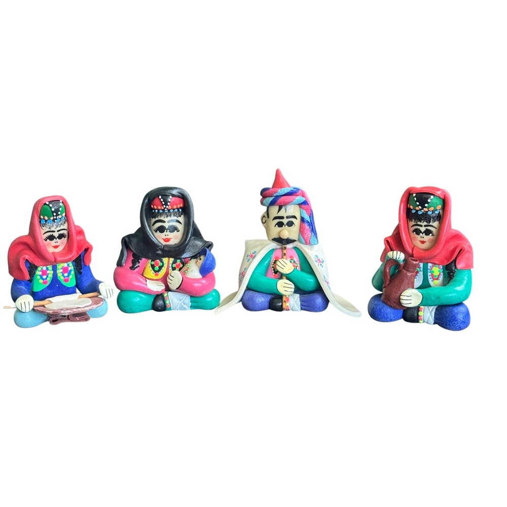 Vintage Kusadasi Turkey Faruk Hand Painted Clay Folk Art Figurines Set of 4